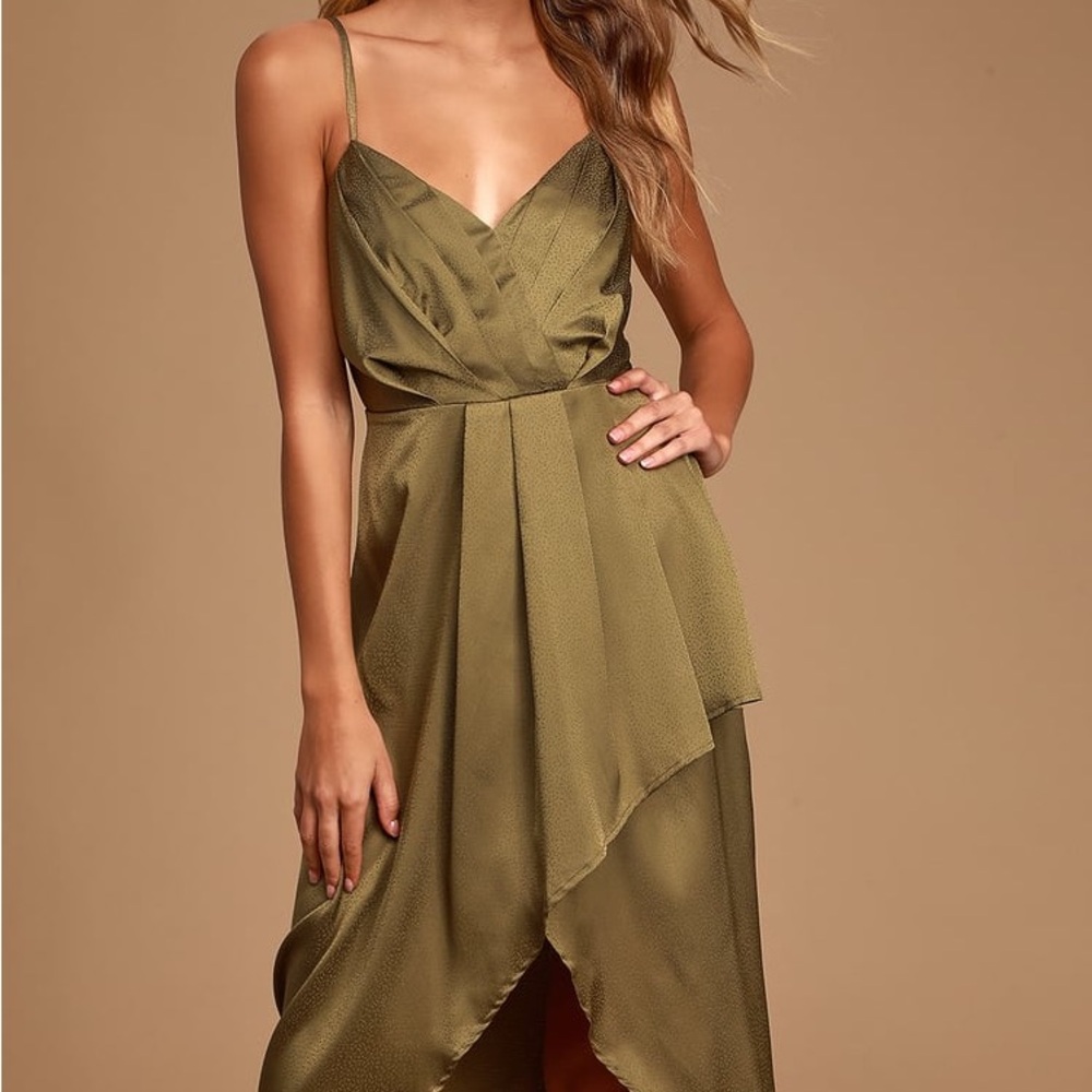 Just a Dash Olive Green Satin High-Low Midi Dress Size Small